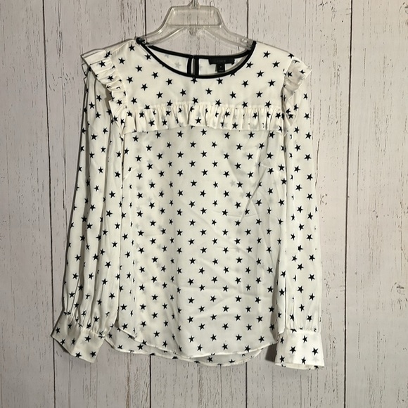 J. Crew Tops - J. Crew Silk Stars Ruffle Smock Black & White Long Sleeves Blouse Size 8
